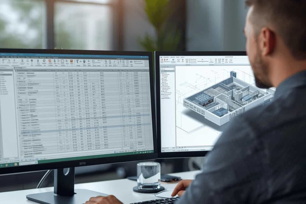 Utilisateur travaillant sur bimwiq DATA avec tableaux de données et maquette 3D du bâtiment