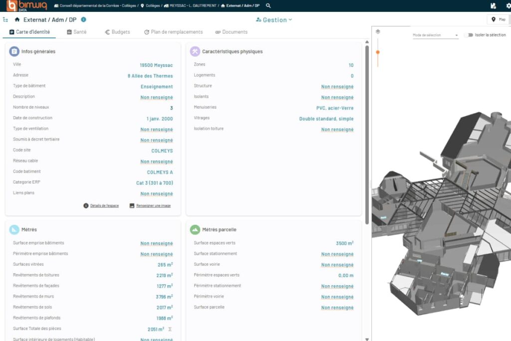Interface bimwiq DATA avec données techniques du bâtiment et maquette 3D associée